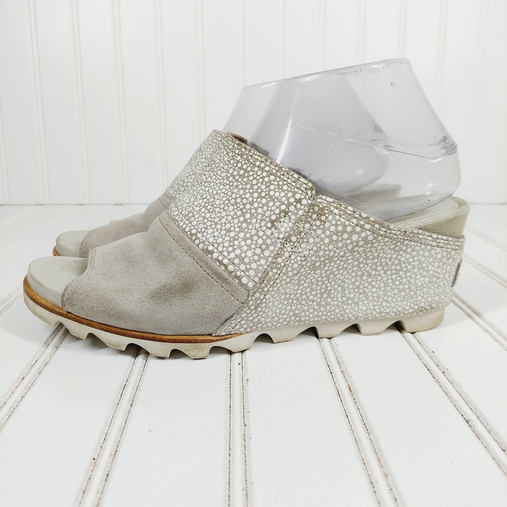 Sorel Joanie Mule Gray & White Dots Slip On Wedge Summer Sandals I530